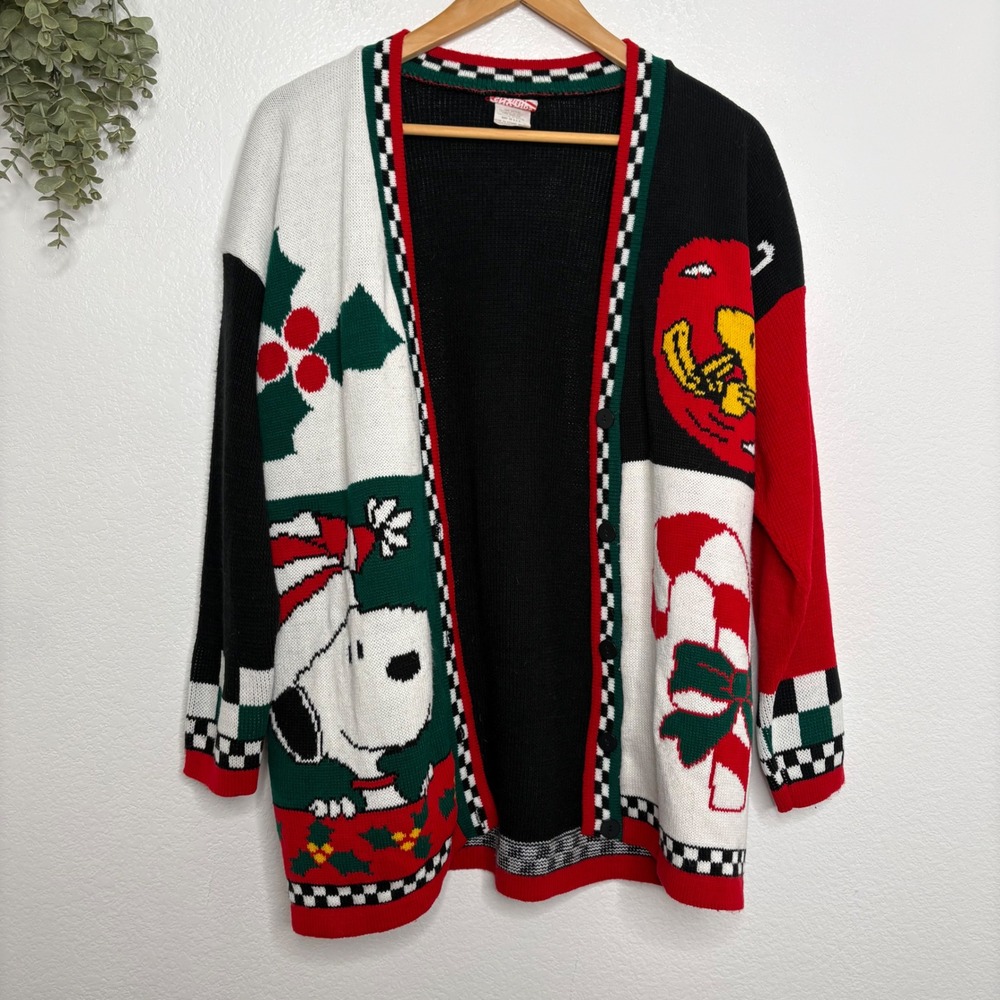 Peanuts Snoopy Christmas Cardigan Sweater Colorblock Checkered Trim V-Neck - Picture 2 of 10